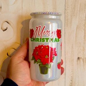 Christmas 🎄 16 oz Glass Can with bling Rhinestone plastic lid.